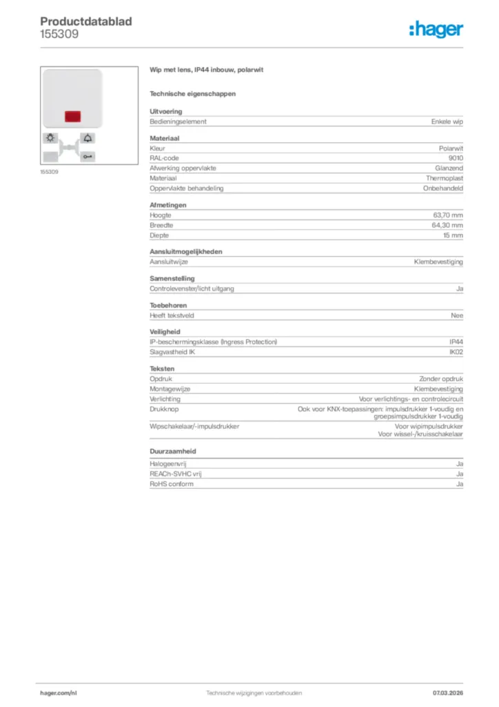 Afbeelding Hager Productdatablad 155309 | Hager Nederland