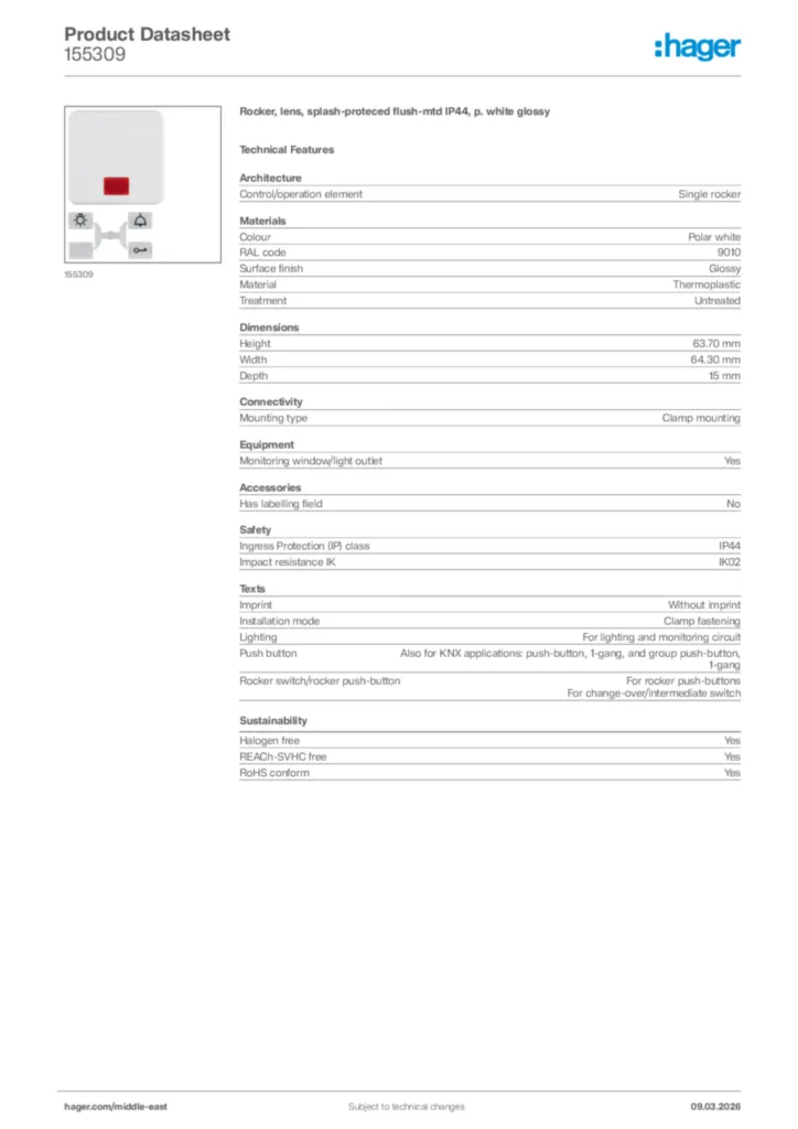 Image Hager Product data sheet 155309  | Hager