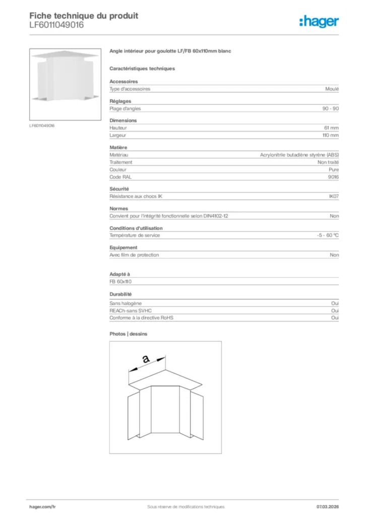 Image Hager Fiche technique du produit LF6011049016 | Hager France