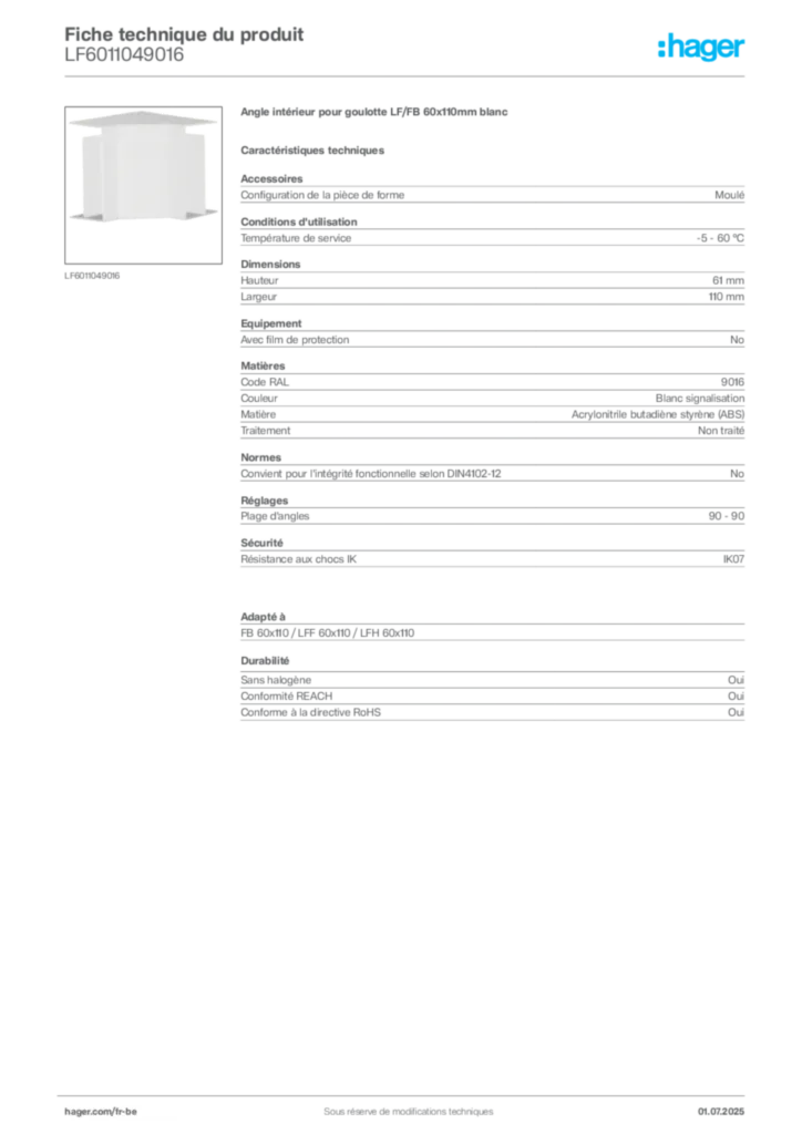 Image Hager Fiche technique du produit LF6011049016 | Hager Belgique