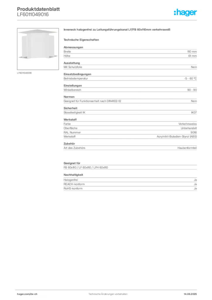 Bild Hager Produktdatenblatt LF6011049016 | Hager Schweiz