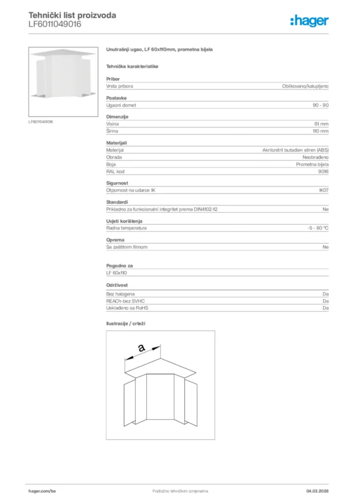 Slika Hager Tehnički list proizvoda LF6011049016  | Hager