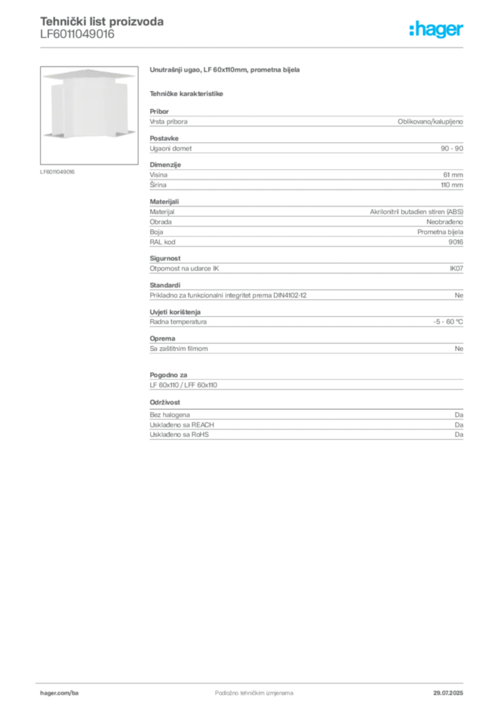 Slika Hager Product data sheet LF6011049016  | Hager