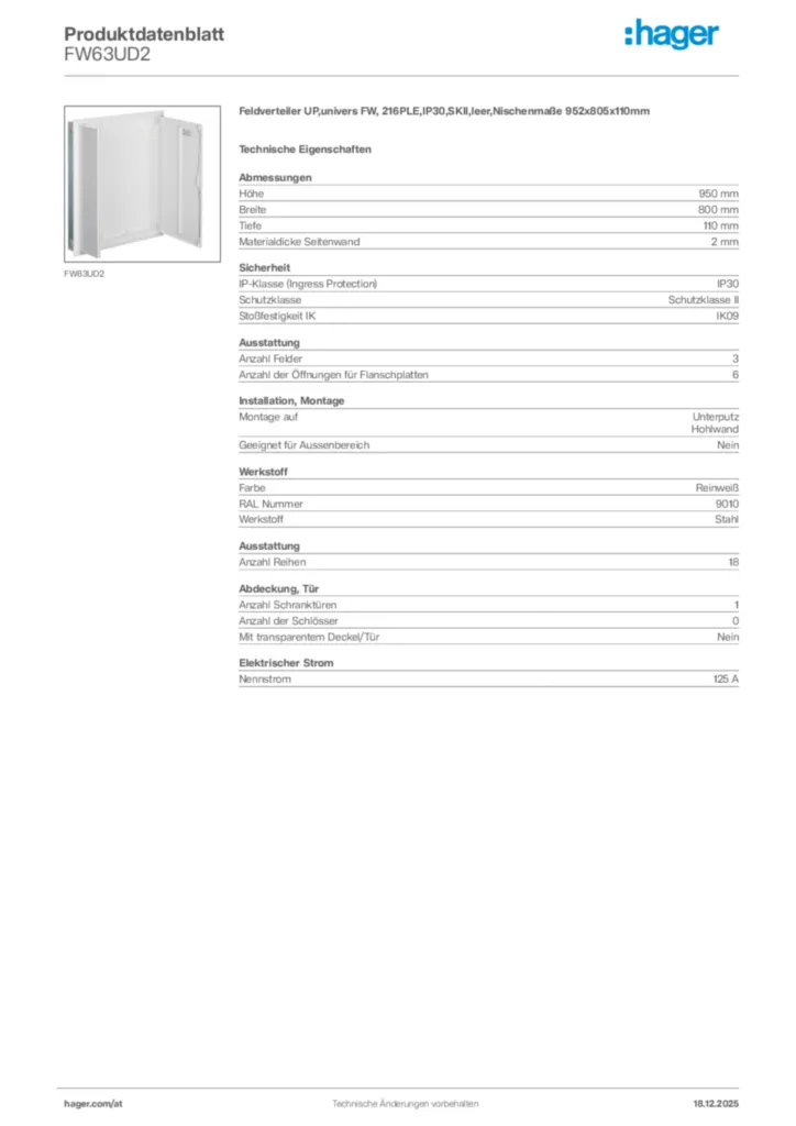 Bild Hager Produktdatenblatt FW63UD2 | Hager Deutschland