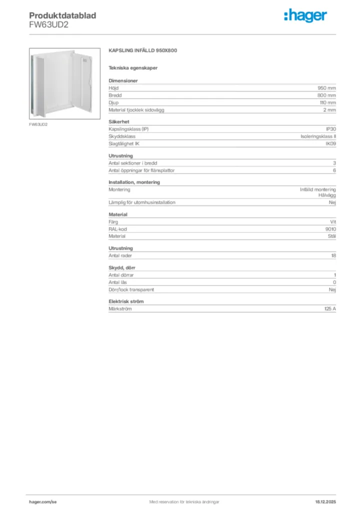 Bild Hager Produktdatablad FW63UD2 | Hager Sverige