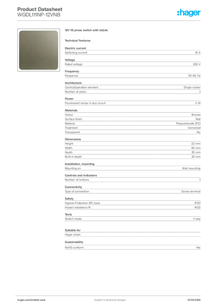 Image Hager Product data sheet WGDL111NP-12VNB  | Hager