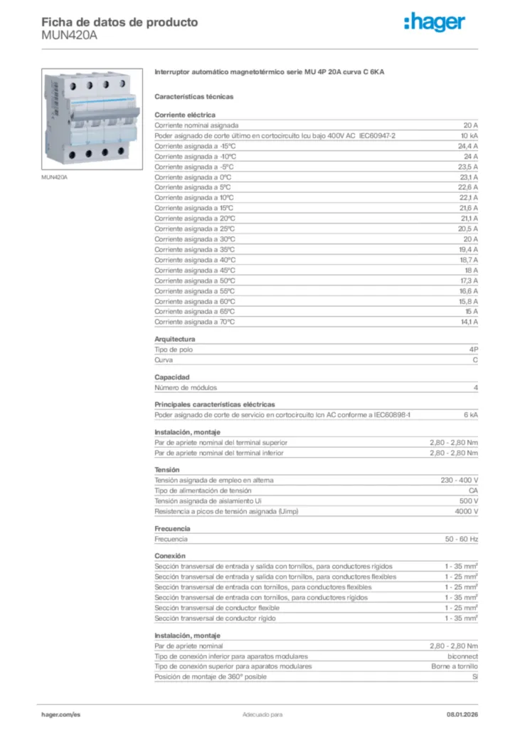 Imagen Hager Ficha de datos de producto MUN420A | Hager España