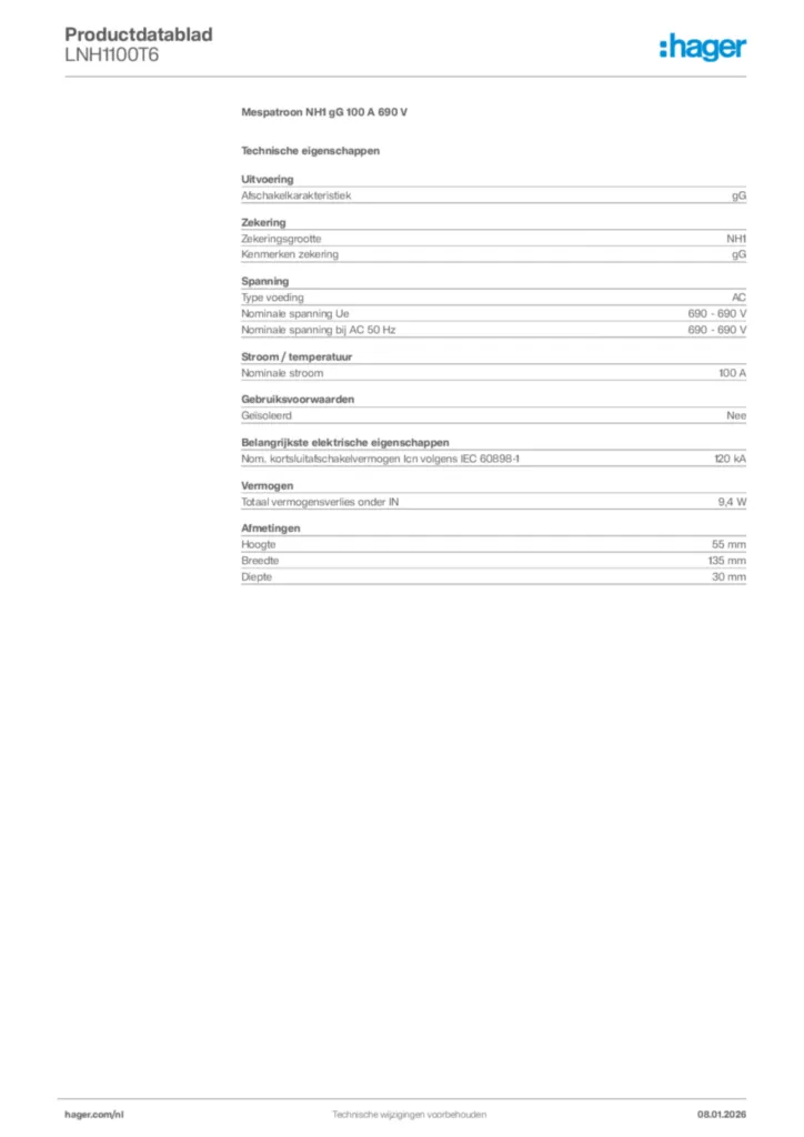 Afbeelding Hager Productdatablad LNH1100T6 | Hager Nederland