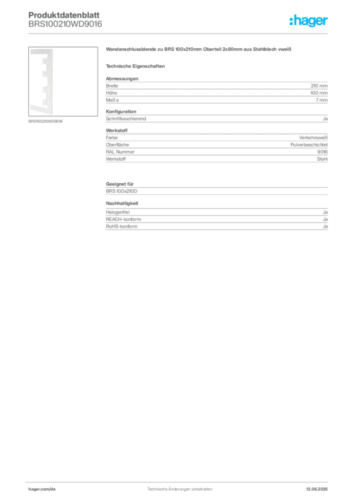 Bild Hager Produktdatenblatt BRS100210WD9016 | Hager Deutschland