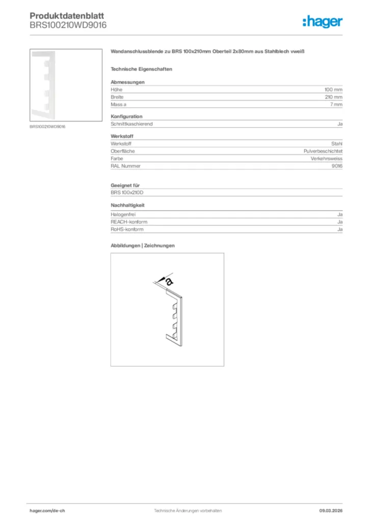 Bild Hager Produktdatenblatt BRS100210WD9016 | Hager Schweiz