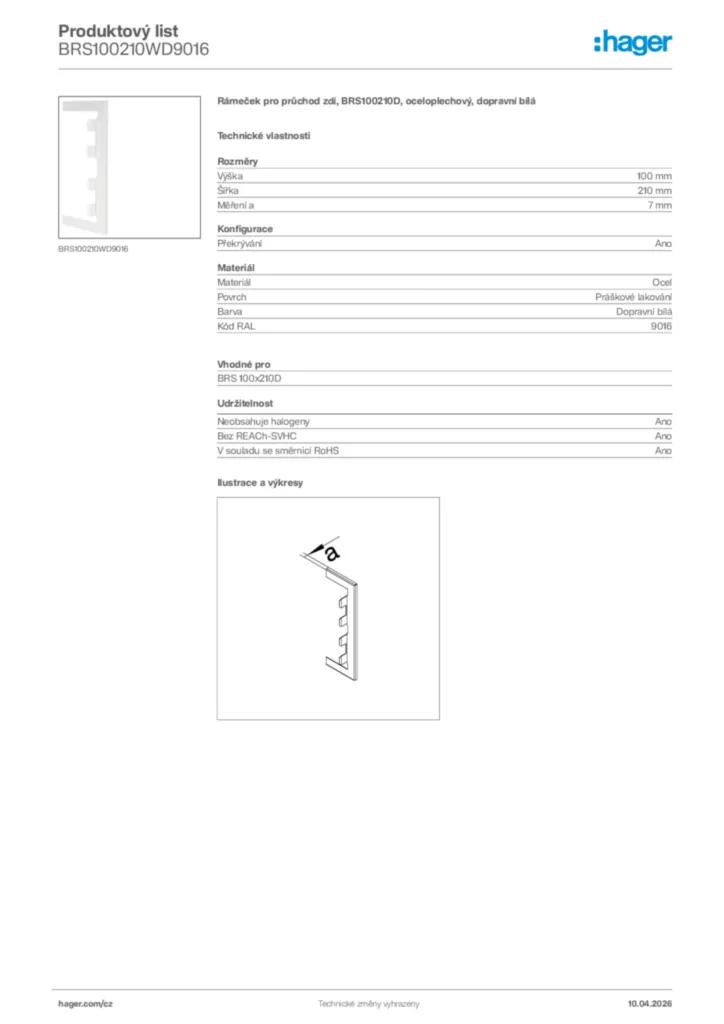 Obrázek Hager Product data sheet BRS100210WD9016 | Hager