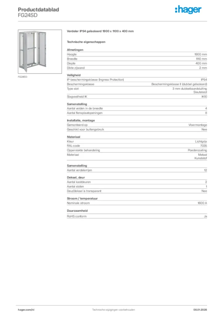 Afbeelding Hager Productdatablad FG24SD | Hager Nederland