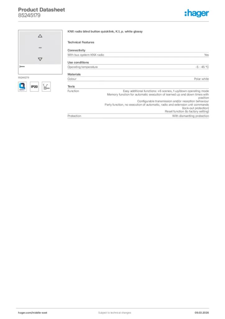 Image Hager Product data sheet 85245179  | Hager