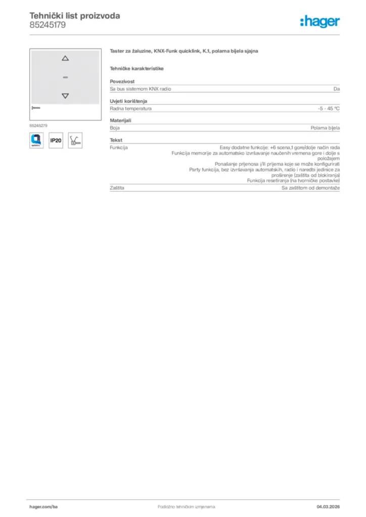 Slika Hager Tehnički list proizvoda 85245179  | Hager