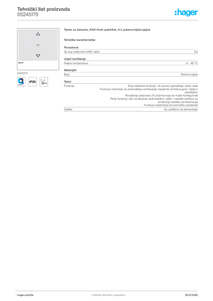 Slika Hager Product data sheet 85245179  | Hager