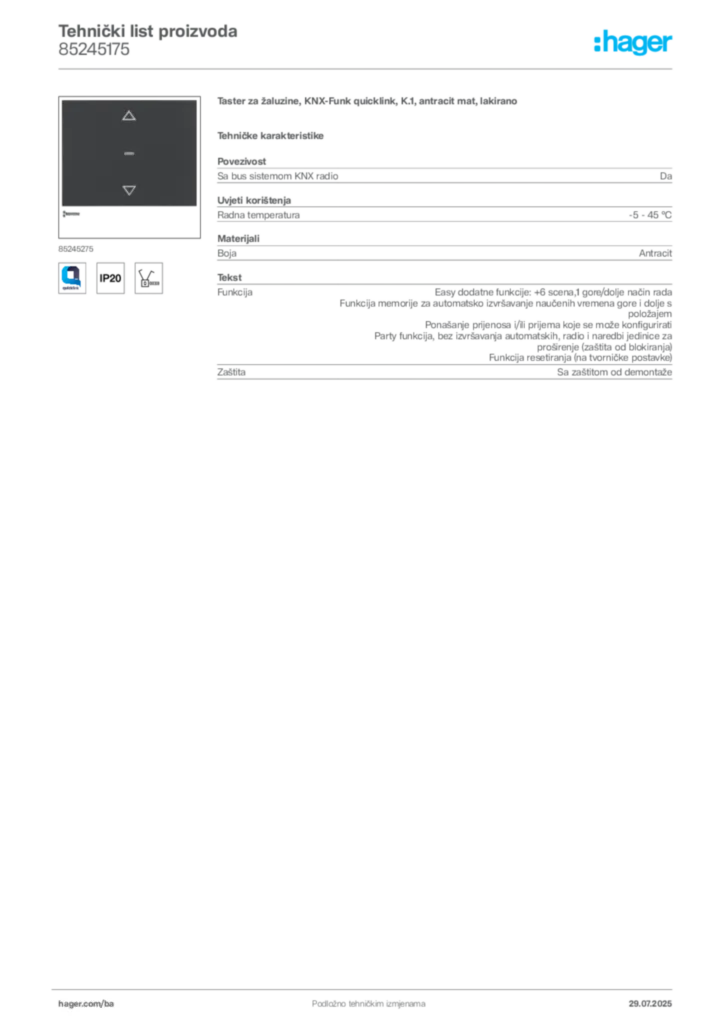 Slika Hager Product data sheet 85245175  | Hager
