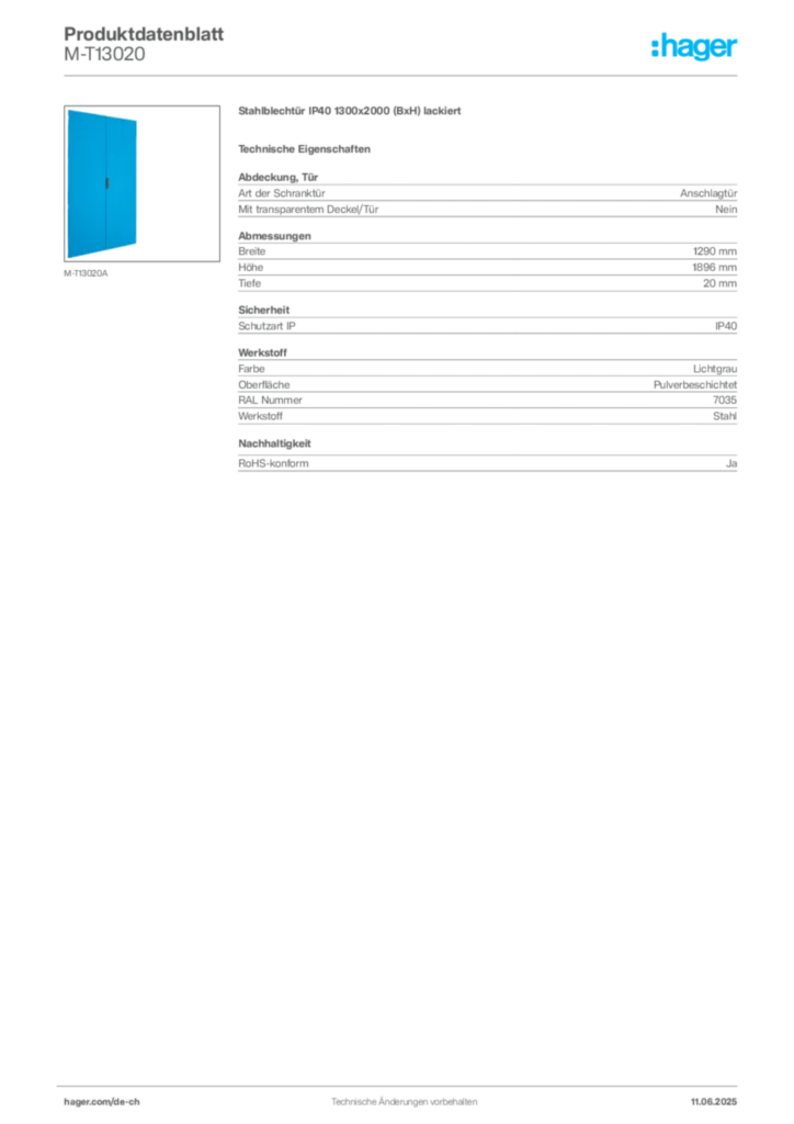 Bild Hager Produktdatenblatt M-T13020 | Hager Schweiz