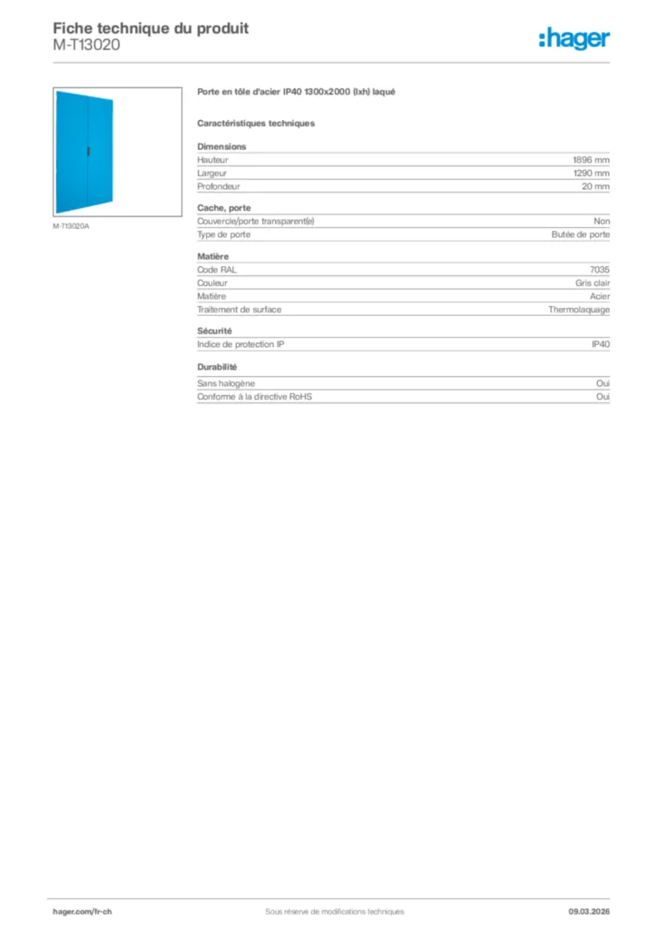 Image Hager Fiche technique du produit M-T13020 | Hager Suisse