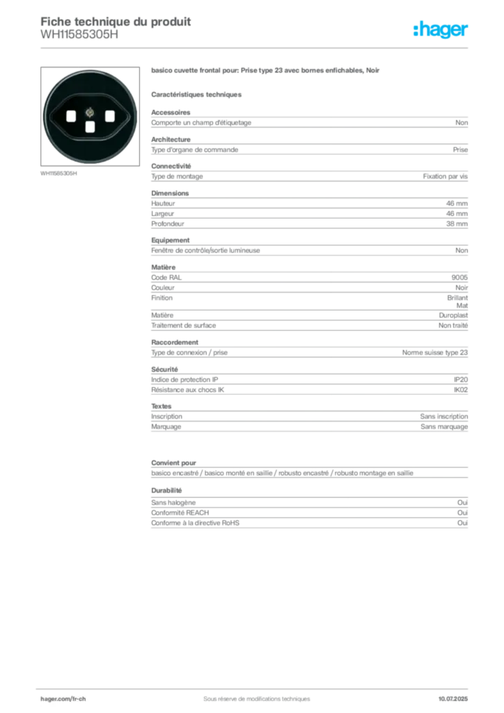 Image Hager Fiche technique du produit WH11585305H | Hager Suisse