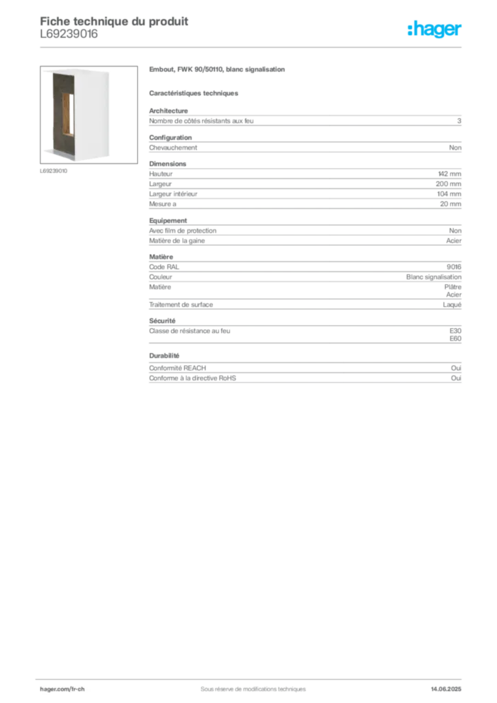 Image Hager Fiche technique du produit L69239016 | Hager Suisse