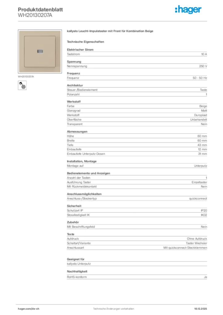 Bild Hager Produktdatenblatt WH20130207A | Hager Schweiz