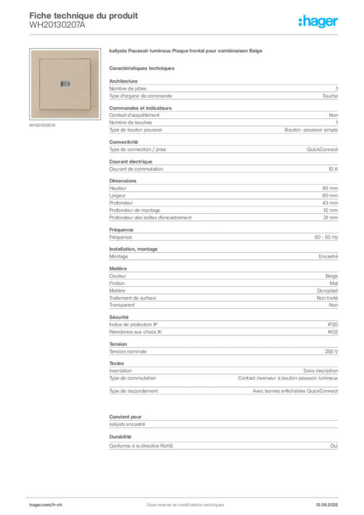 Image Hager Fiche technique du produit WH20130207A | Hager Suisse