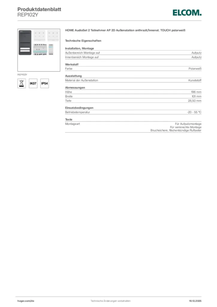 Bild Elcom Produktdatenblatt REP102Y | Hager Deutschland