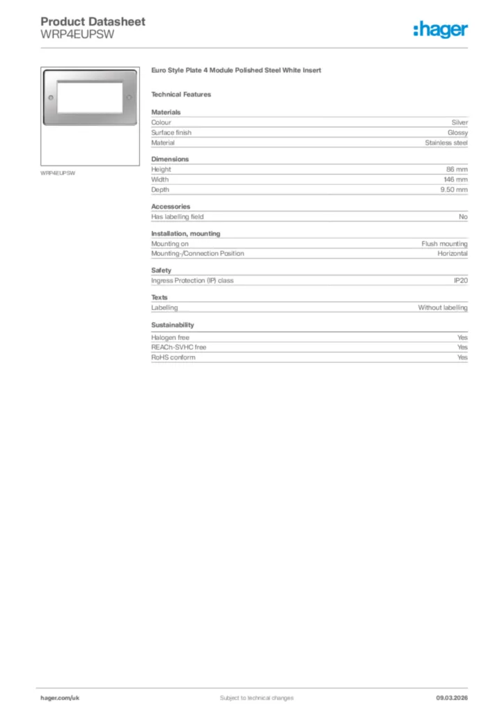 Image Hager Product data sheet WRP4EUPSW  | Hager