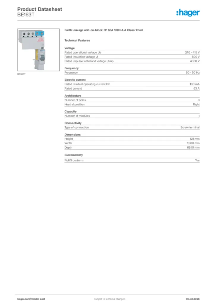 Image Hager Product data sheet BE163T  | Hager