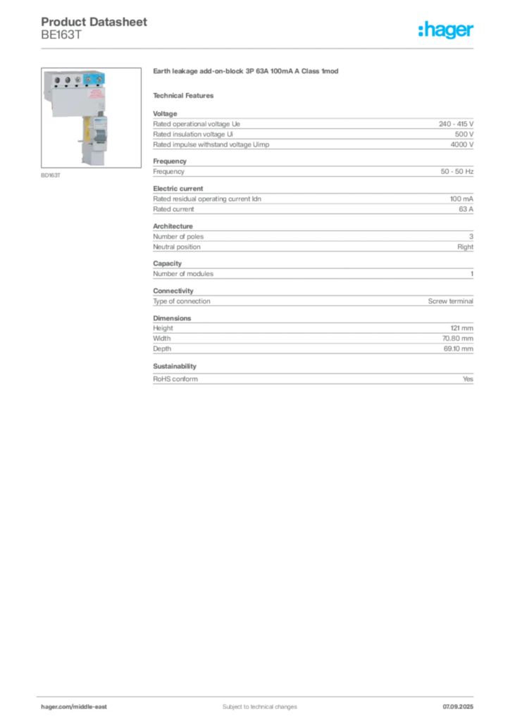 Image Hager Product data sheet BE163T  | Hager