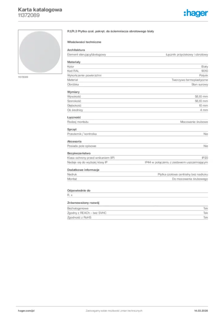 Zdjęcie Hager Karta katalogowa 11372089 | Hager Polska