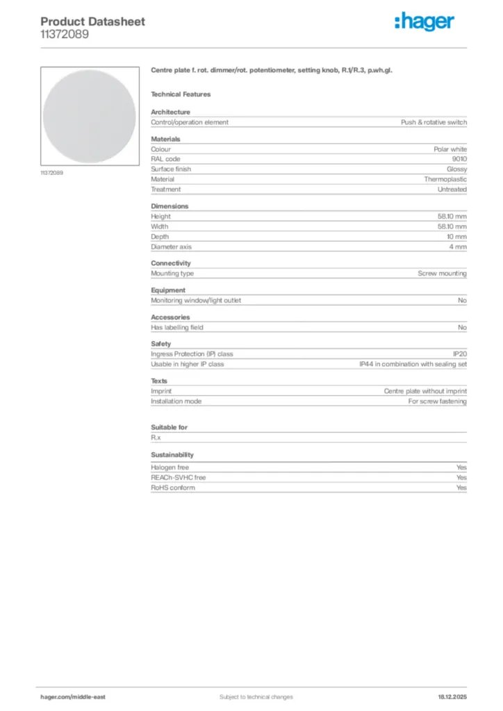 Image Hager Product data sheet 11372089  | Hager