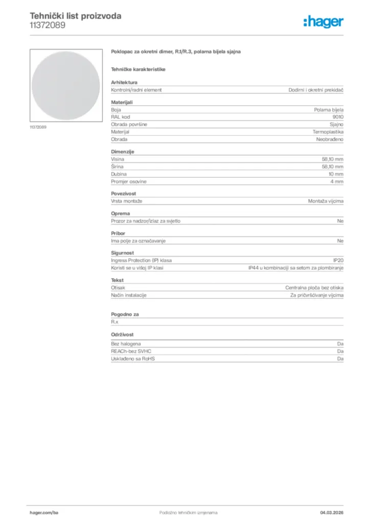 Slika Hager Tehnički list proizvoda 11372089  | Hager
