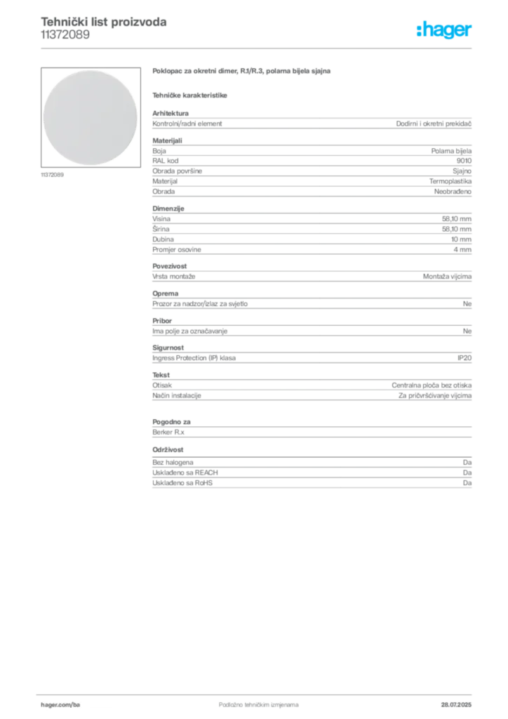 Slika Hager Product data sheet 11372089  | Hager