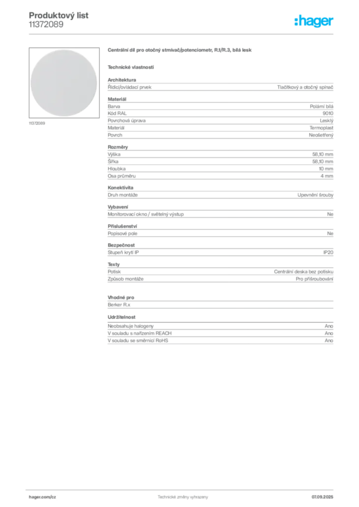Obrázek Hager Produktový list 11372089 | Hager