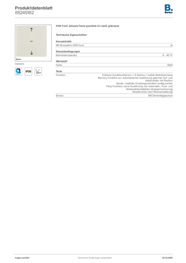 Bild Berker Produktdatenblatt 85245182 | Hager Deutschland