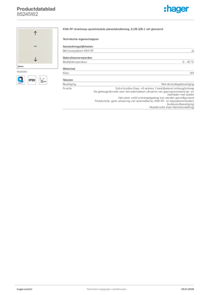 Afbeelding Hager Productdatablad 85245182 | Hager Nederland