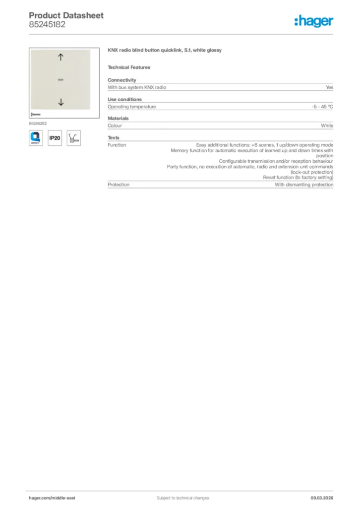 Image Hager Product data sheet 85245182  | Hager