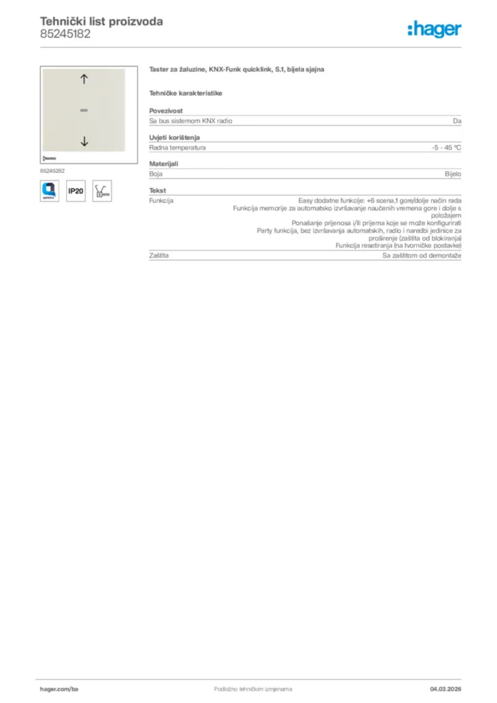 Slika Hager Tehnički list proizvoda 85245182  | Hager