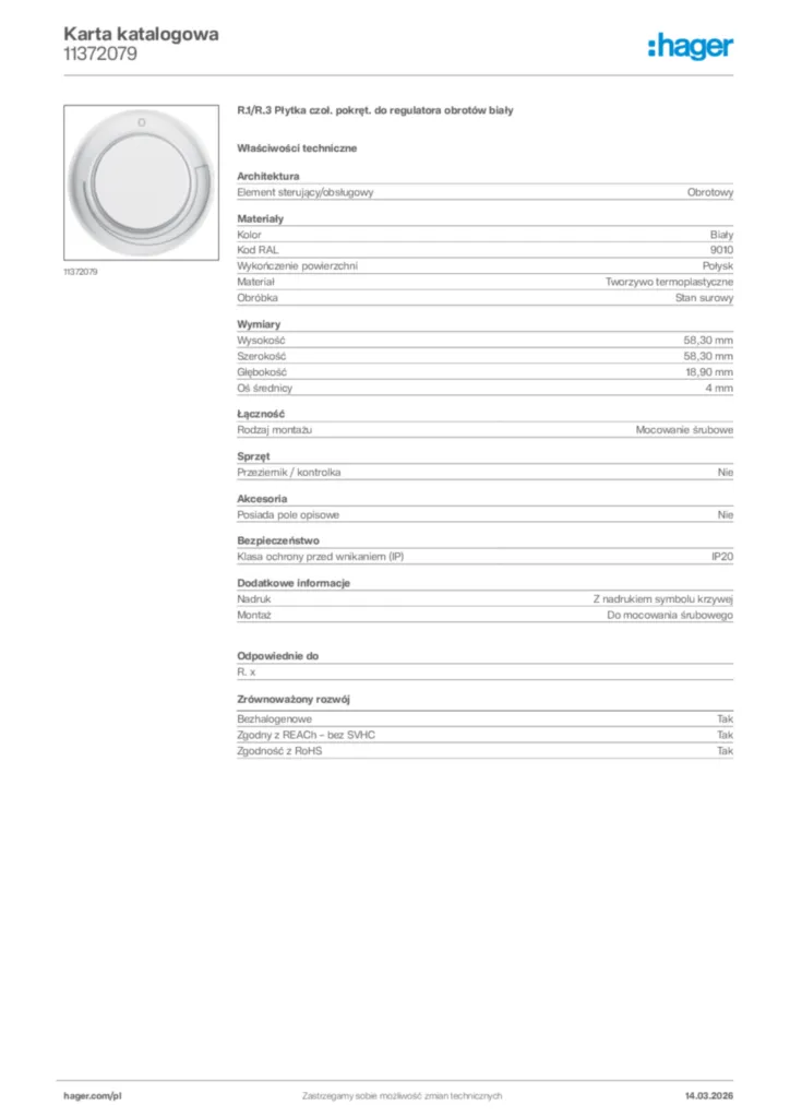 Zdjęcie Hager Karta katalogowa 11372079 | Hager Polska