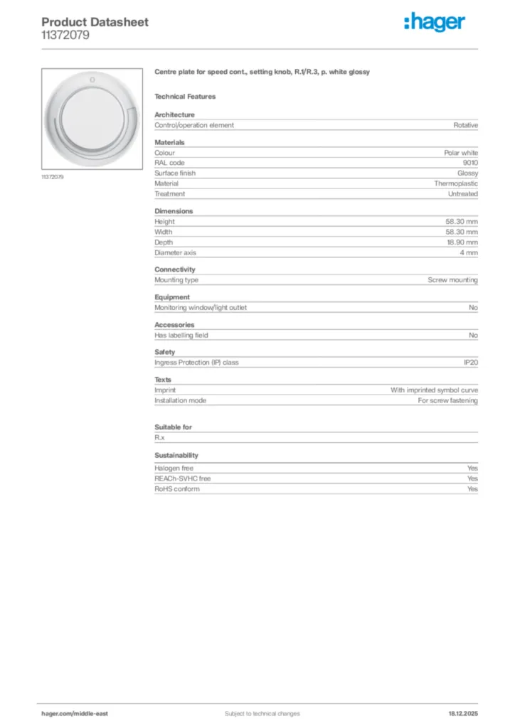 Image Hager Product data sheet 11372079  | Hager
