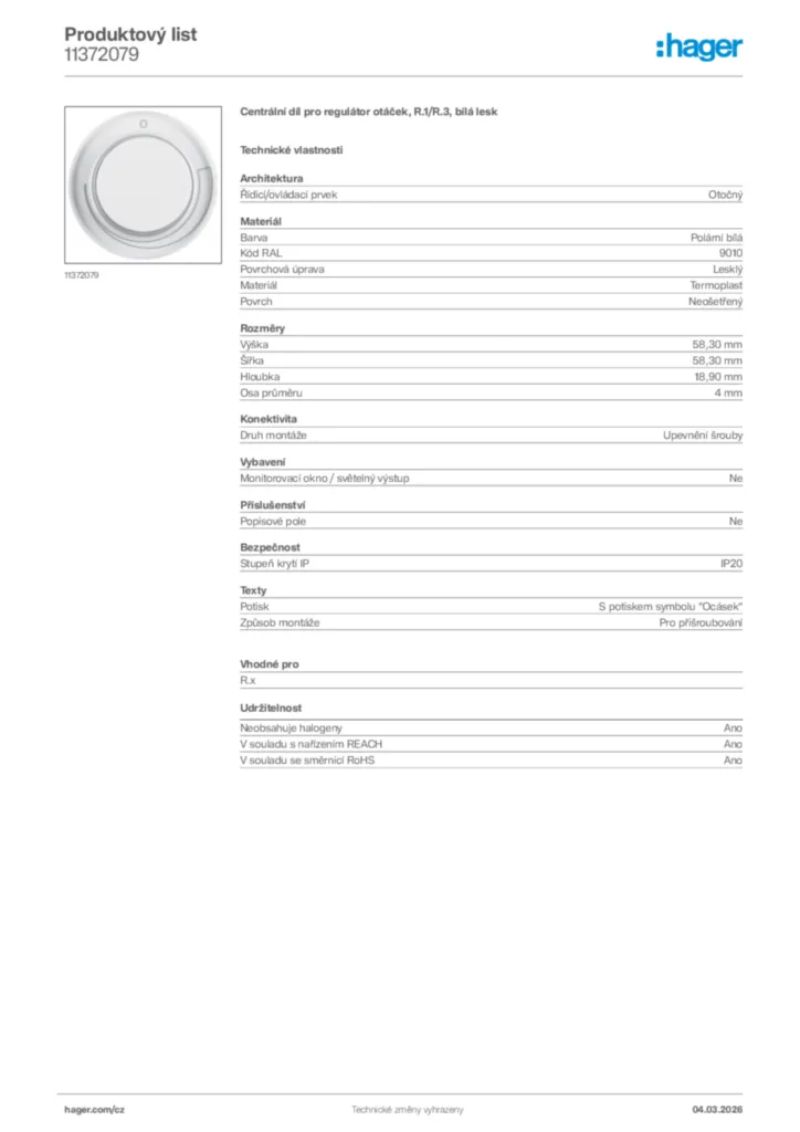 Obrázek Hager Product data sheet 11372079 | Hager