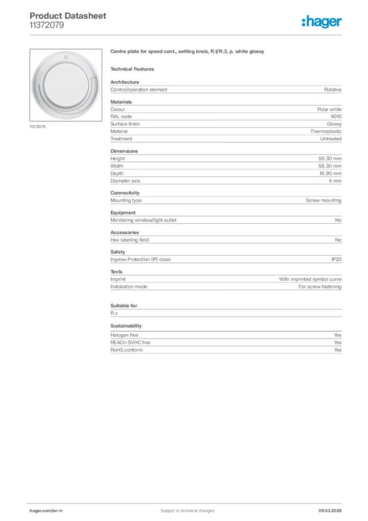 Image Hager Product data sheet 11372079  | Hager