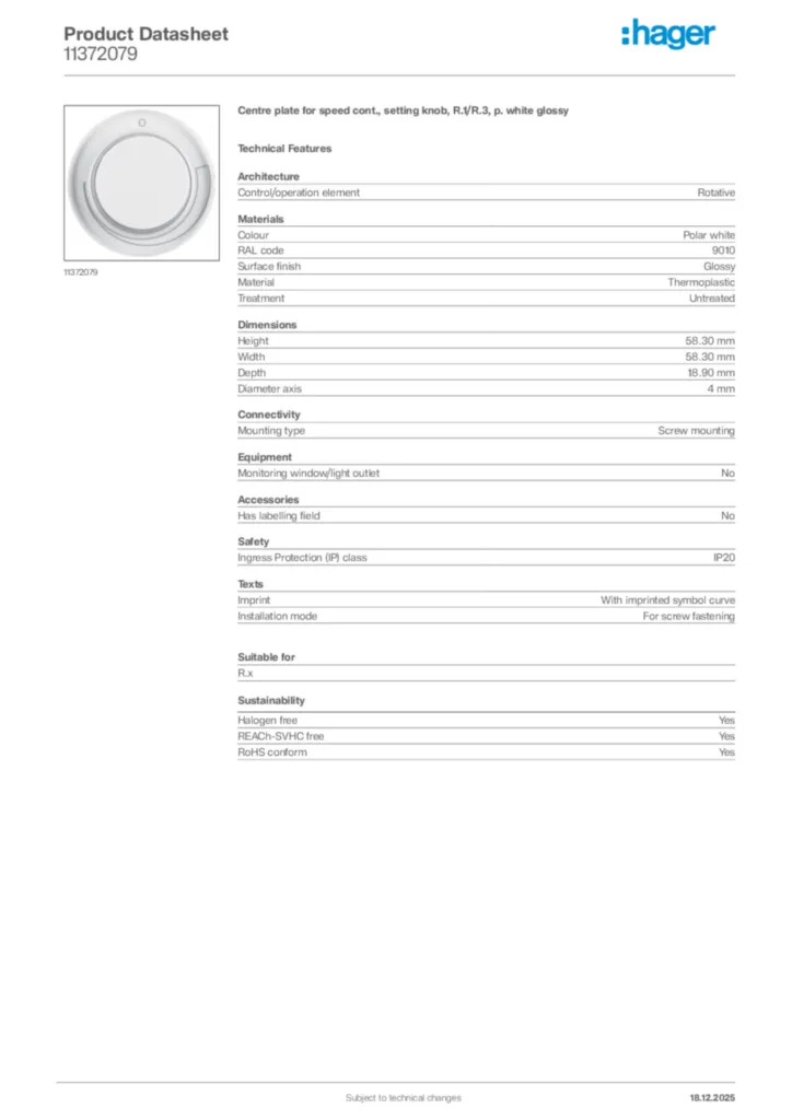 Image Hager Product data sheet 11372079  | Hager
