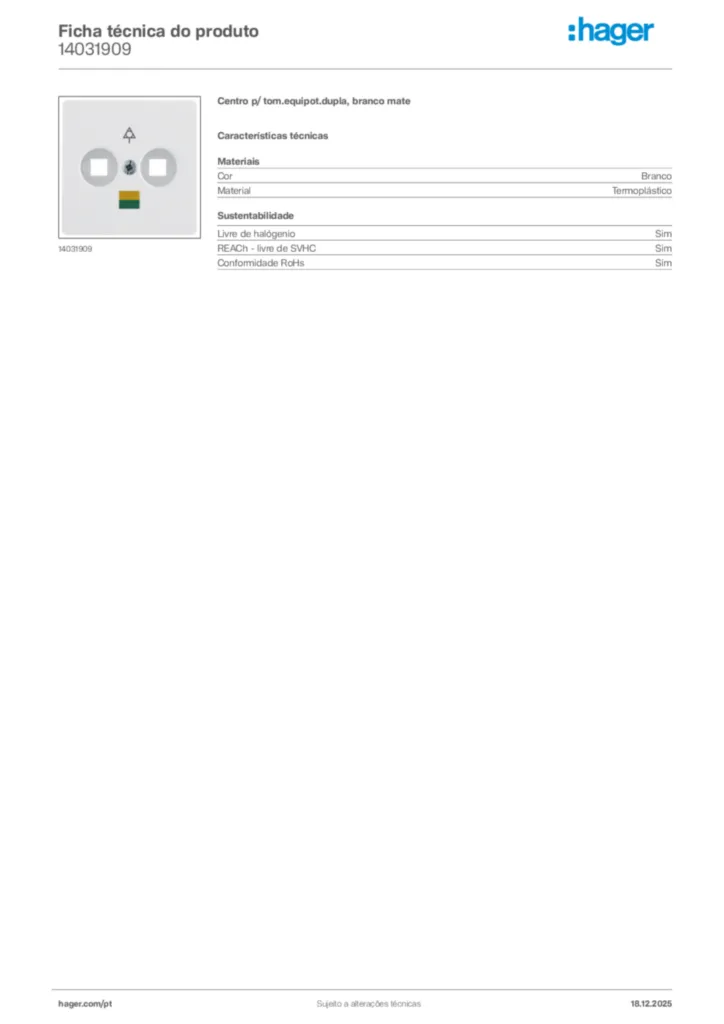 Imagem Hager Ficha técnica do produto 14031909 | Hager Portugal