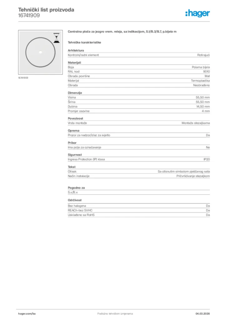 Slika Hager Tehnički list proizvoda 16741909  | Hager