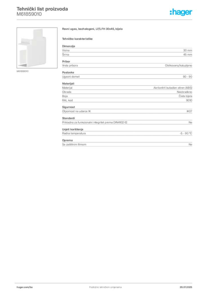 Slika Hager Product data sheet M61859010  | Hager
