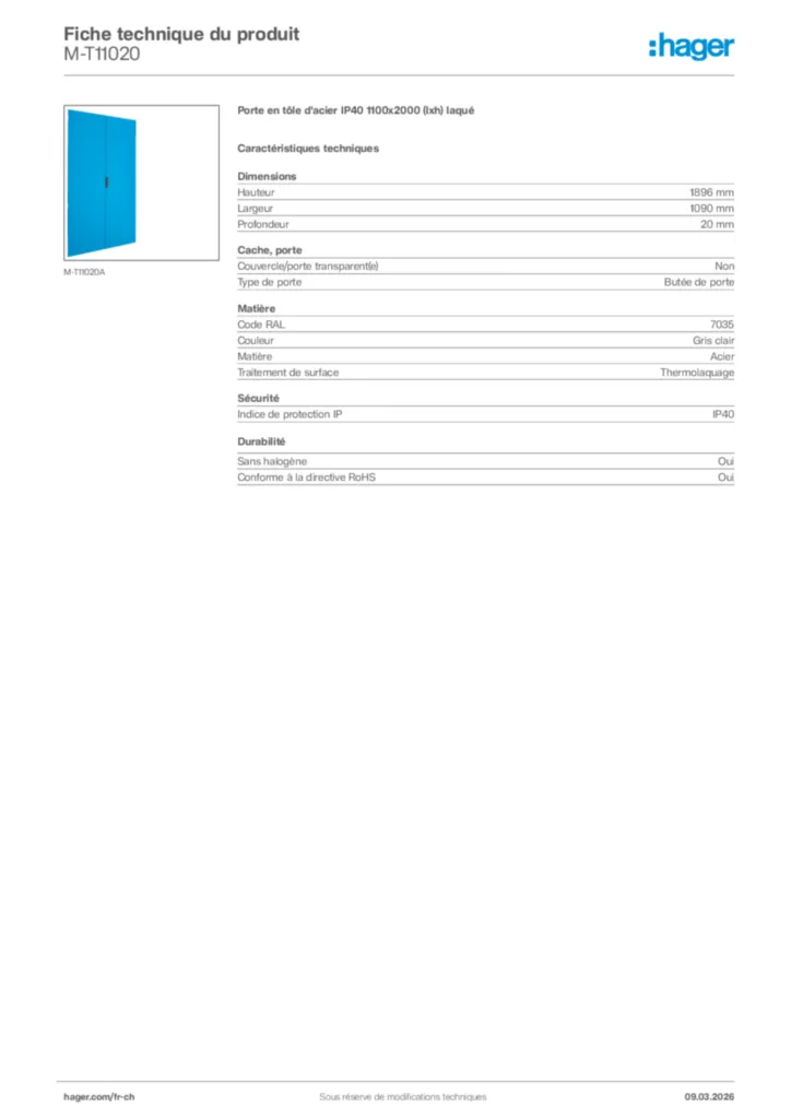 Image Hager Fiche technique du produit M-T11020 | Hager Suisse