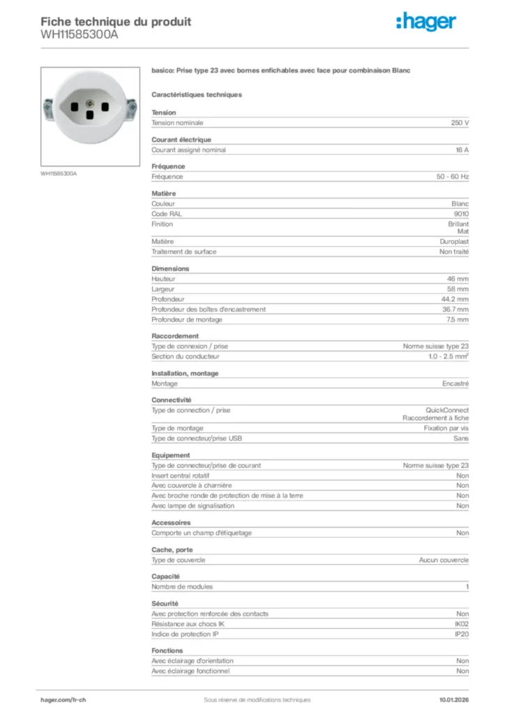 Image Hager Fiche technique du produit WH11585300A | Hager Suisse