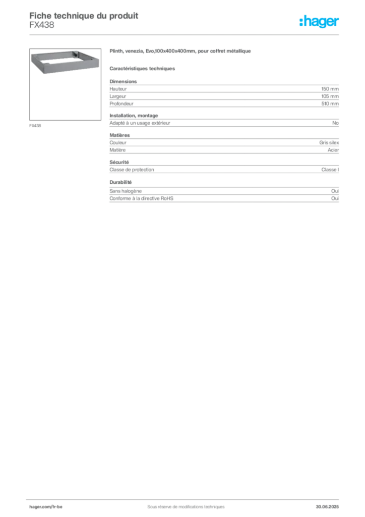 Image Hager Fiche technique du produit FX438 | Hager Belgique